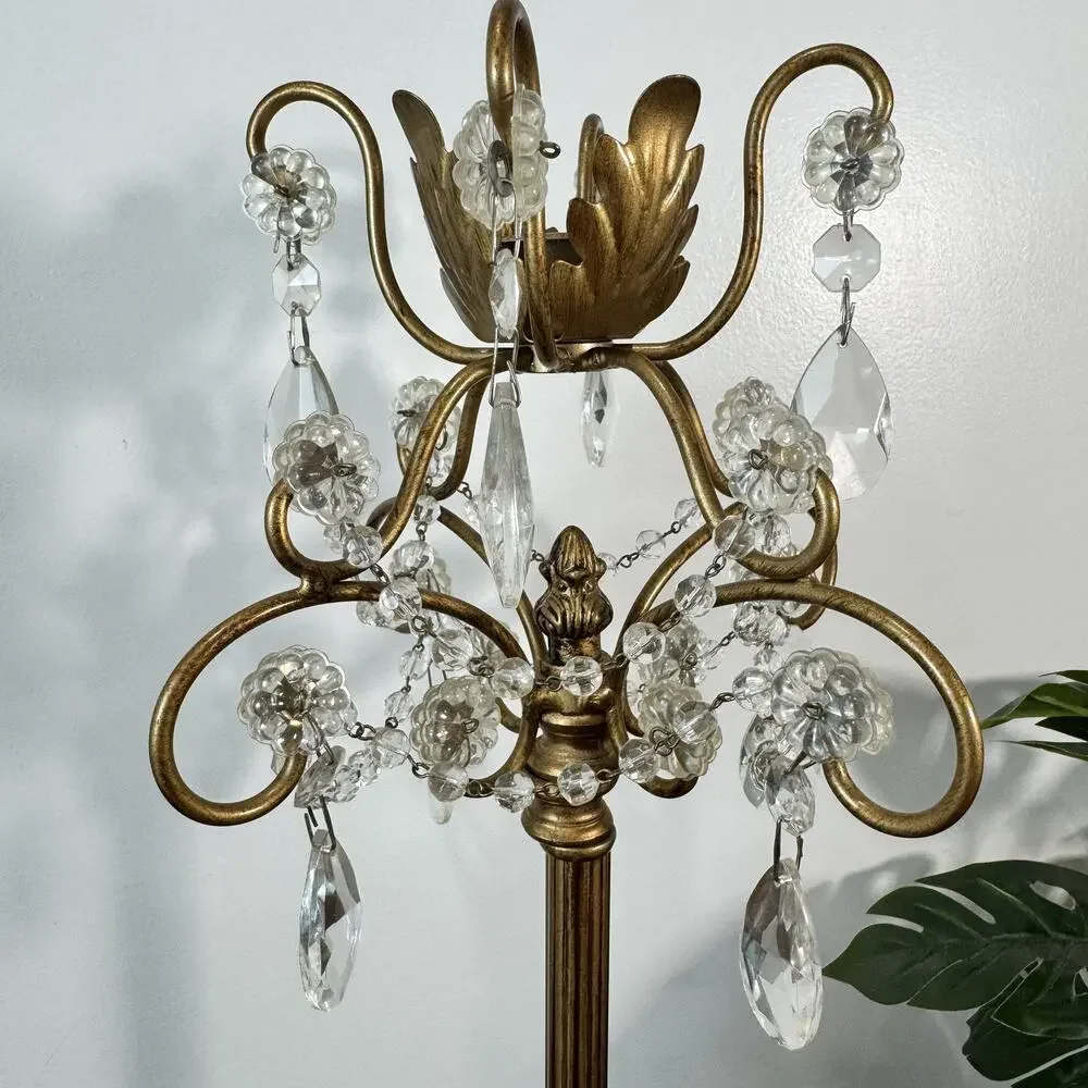 Vintage Style Gold Metal Candle Holder with Clear Crystal Prisms 16
